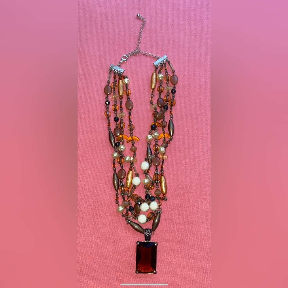 Avon Multicolor Beaded Necklace with Red Pendant